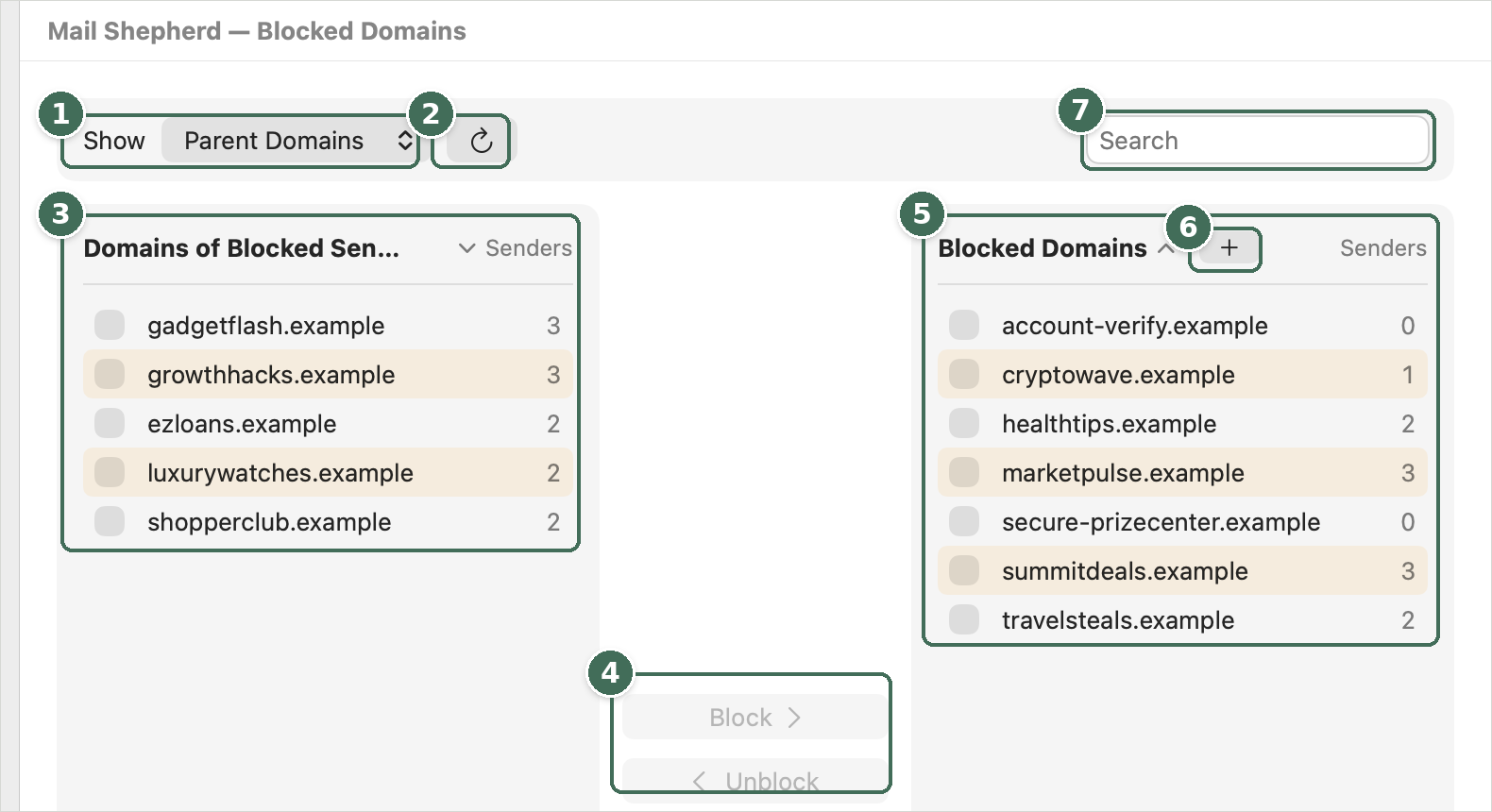 The Blocked Domains page
