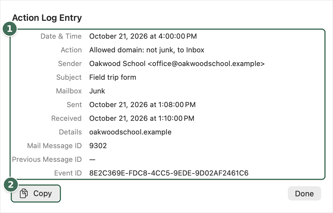 The window that opens when you click an Action Log row