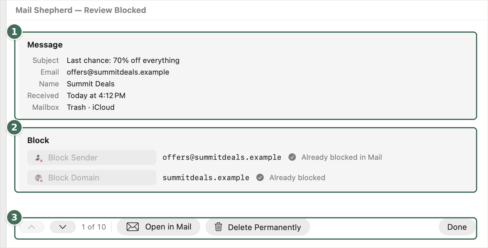 The details of a message from a blocked sender