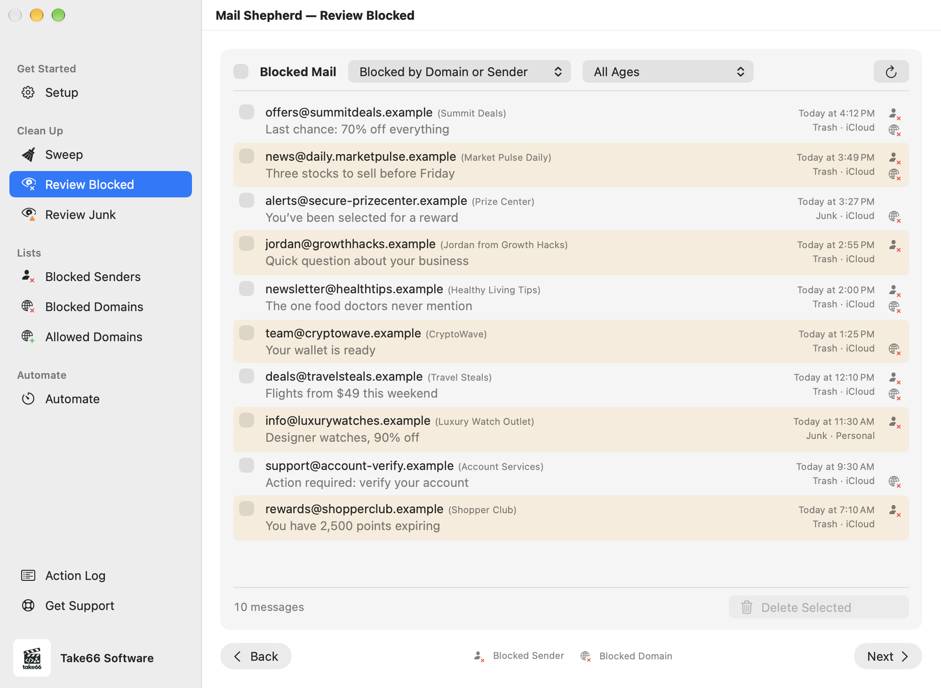 Mail Shepherd’s window: the sidebar lists every page, grouped as Get Started, Clean Up, Lists and Automate, with the Action Log and Get Support at the bottom
