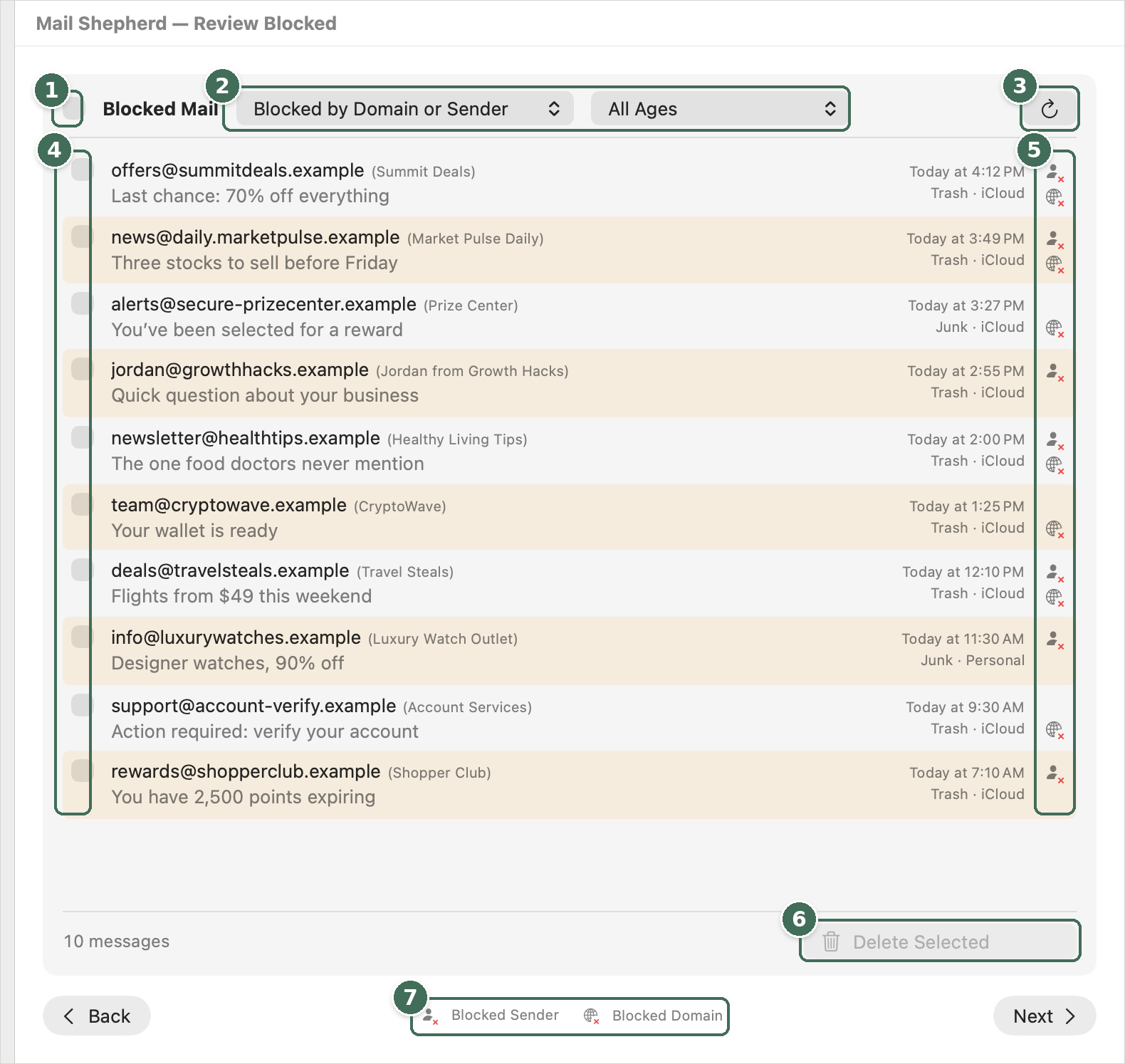 The Review Blocked page listing ten messages